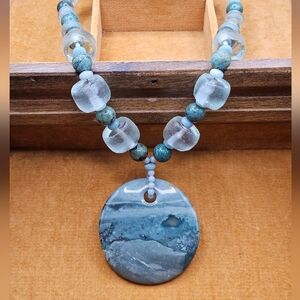 Vtg Gemstone and Glass Sage Sea Green Aqua Boho Artisan Necklace Heavy 20"